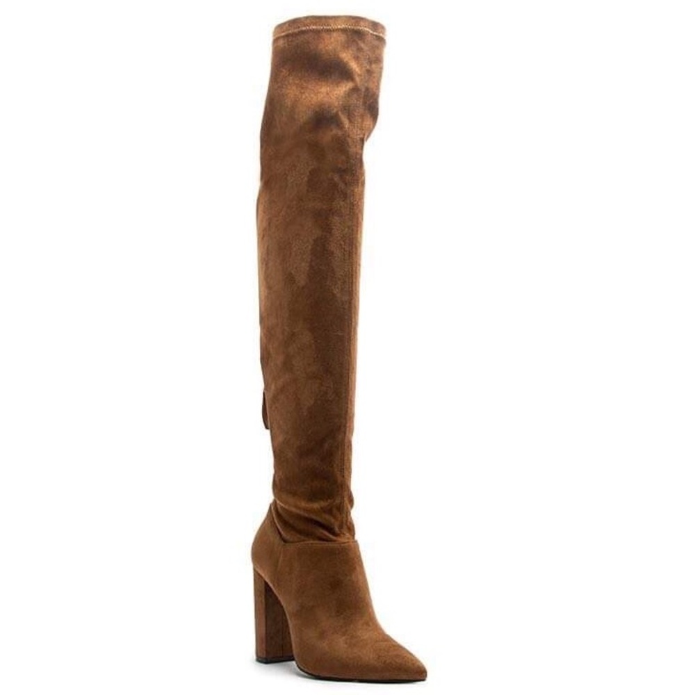 Qupid SIGNAL Brown Faux Suede Over Knee Sleek Boot